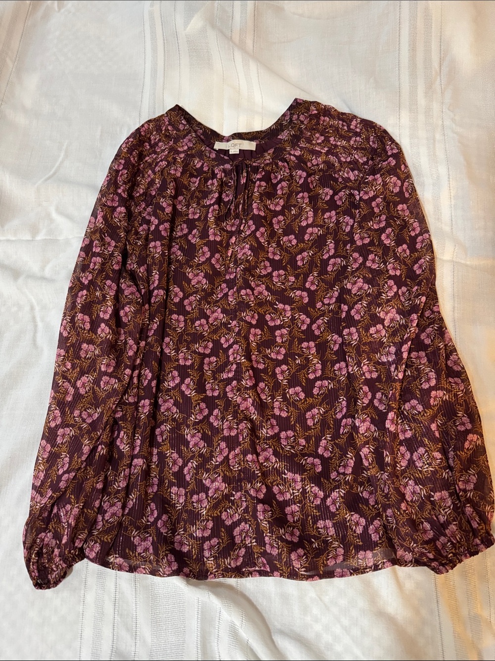 LOFT Plum Floral Long-Sleeve Blouse